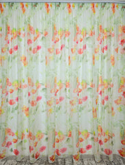 Set Florina: perdea din voal cu model floral  combinatie rosu cu portocaliu si draperie verde smarald tip vopsea decorativa