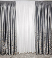 Colectia Velvet: perdea din matase cu insertii argintii si draperie din catifea cu insertii - Gri