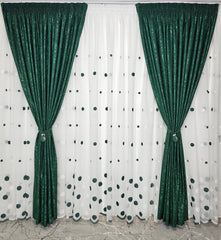 Set Kandia: perdea din in buline verde-alb si draperie decorativa tip nisip verde smarald