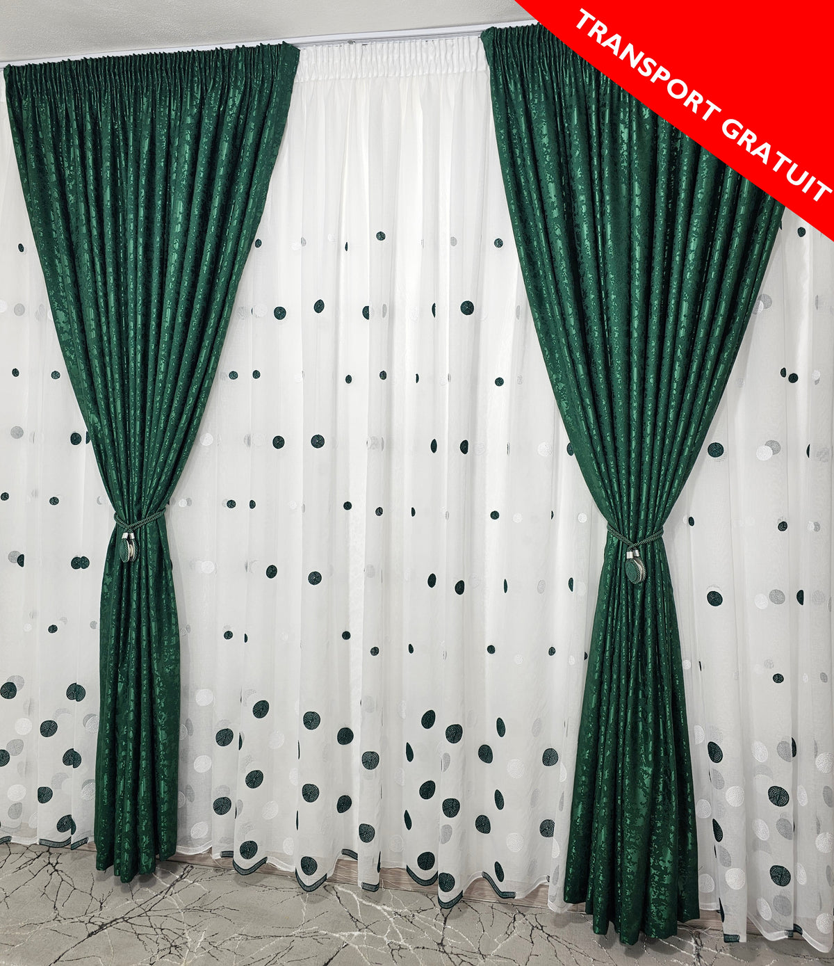 Set Kandia: perdea din in buline verde-alb si draperie decorativa tip nisip verde smarald