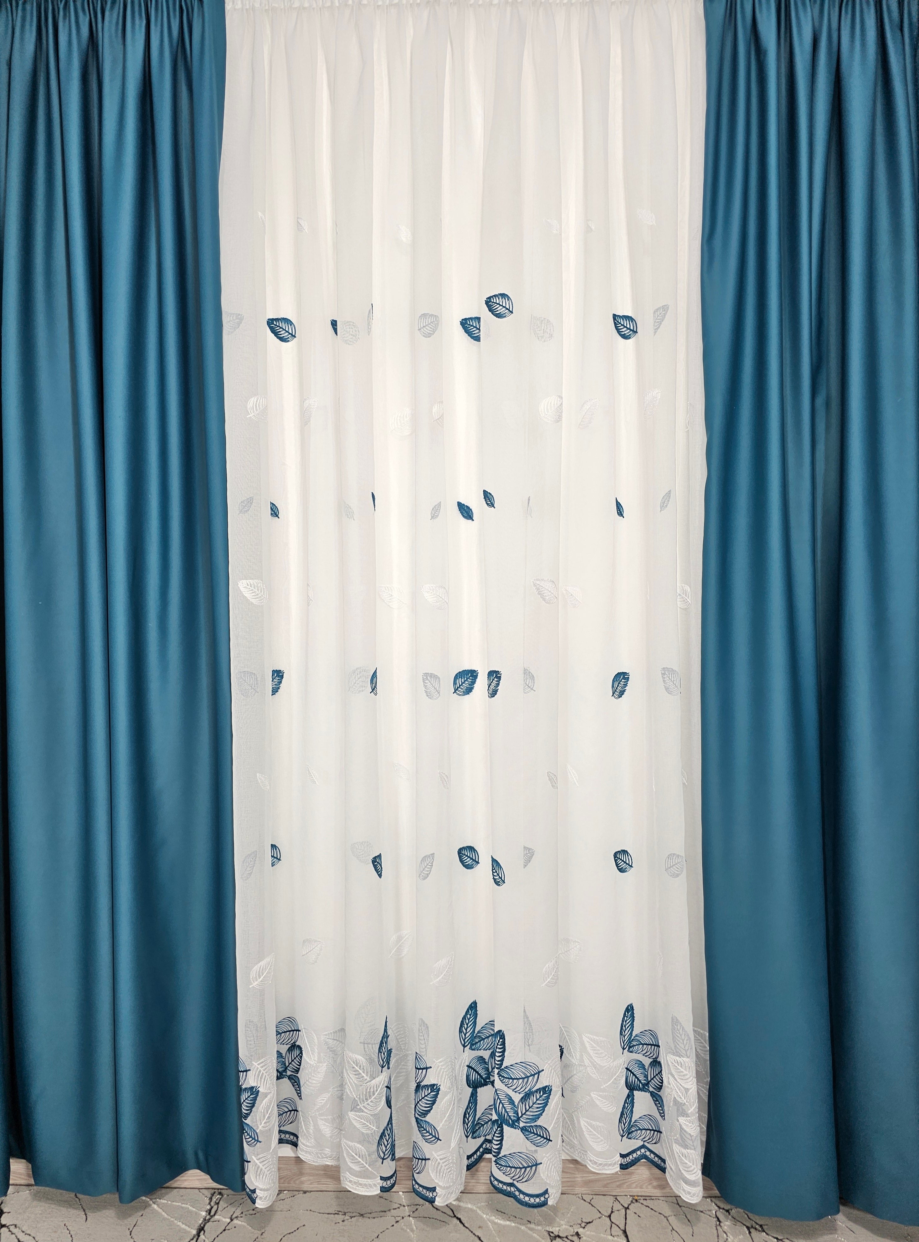 Set Bodi: perdea din in cu frunze turcoaz-alb si draperie blackout 90% turcoaz