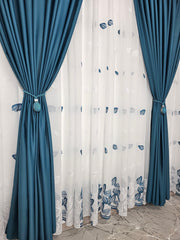 Set Bodi: perdea din in cu frunze turcoaz-alb si draperie blackout 90% turcoaz