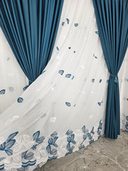 Set Bodi: perdea din in cu frunze turcoaz-alb si draperie blackout 90% turcoaz