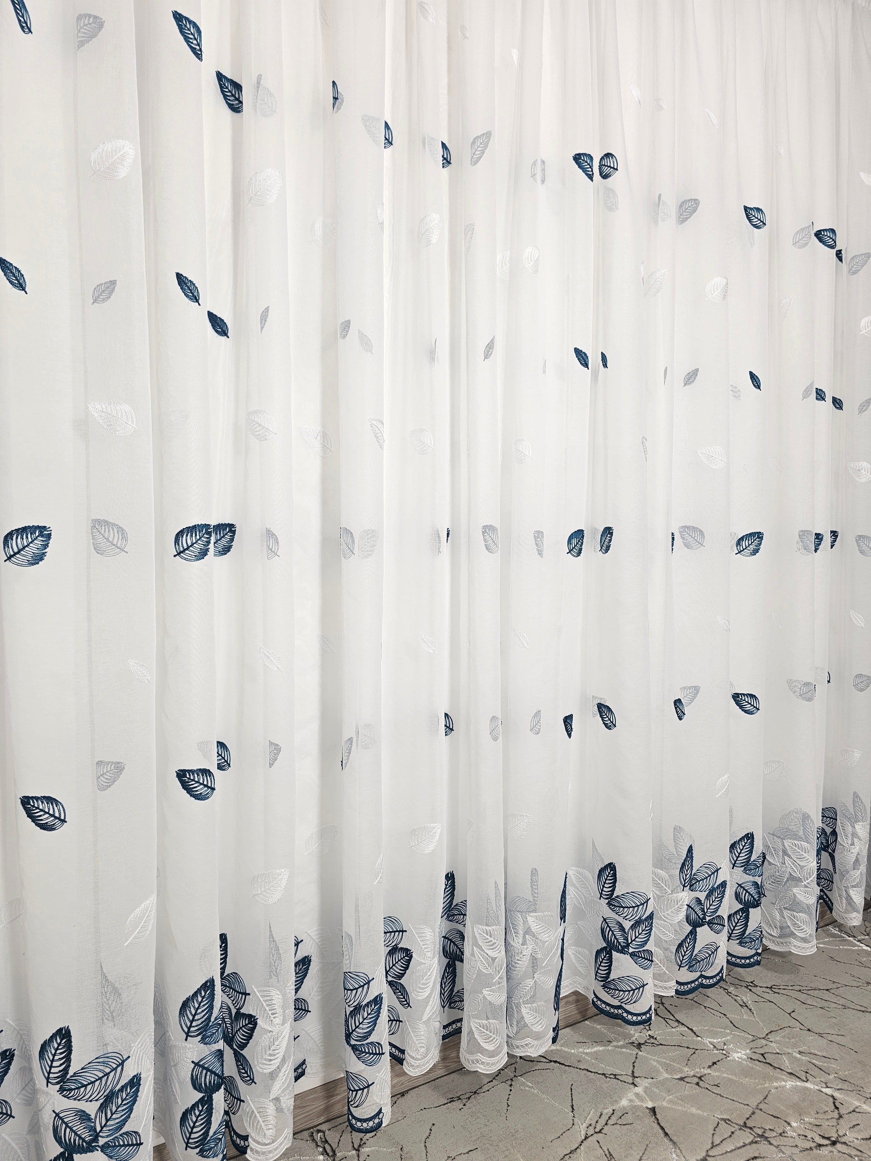 Set Bodi: perdea din in cu frunze turcoaz-alb si draperie blackout 90% turcoaz
