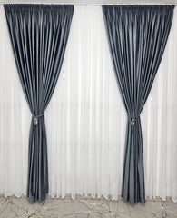 Set Hunia: perdea alba din borangic cu broderie si draperie din catifea gri antracit