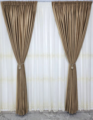 Set Melina: perdea crem din in cristal cu broderie si draperie din catifea bej caramel