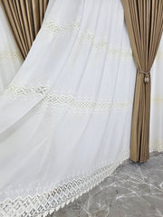 Set Melina: perdea crem din in cristal cu broderie si draperie din catifea bej caramel
