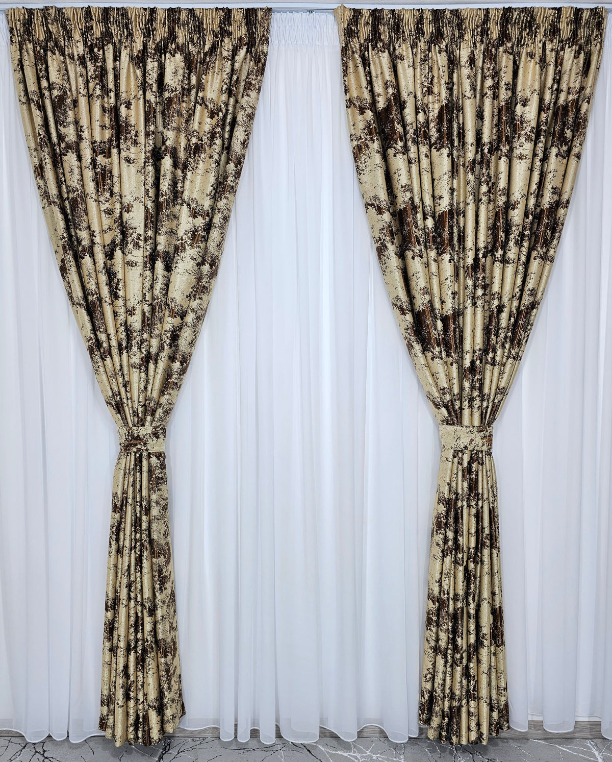 Set Melon: perdea alba voal moale premium cu draperie crem maro blackout 90% model travertin