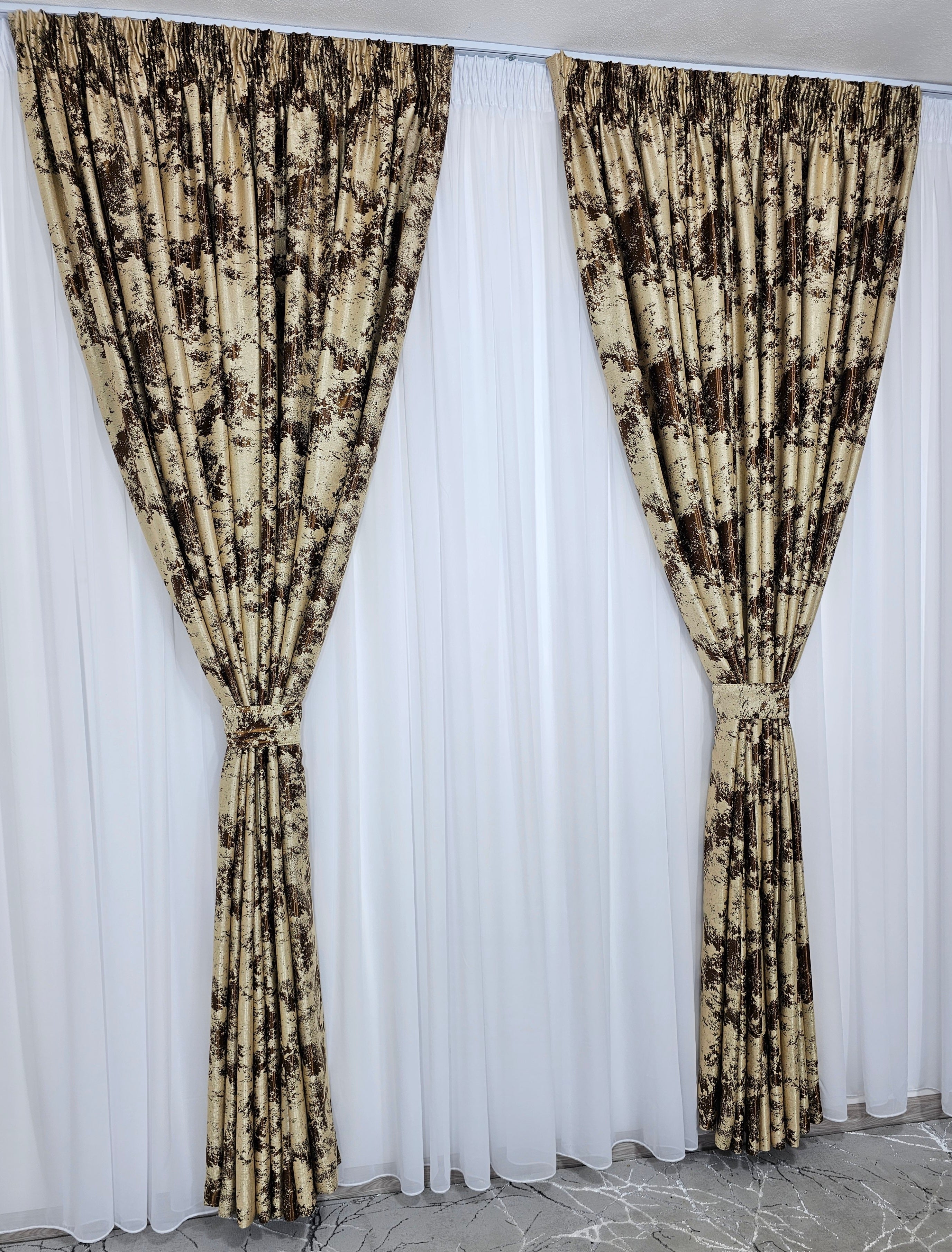 Set Melon: perdea alba voal moale premium cu draperie crem maro blackout 90% model travertin