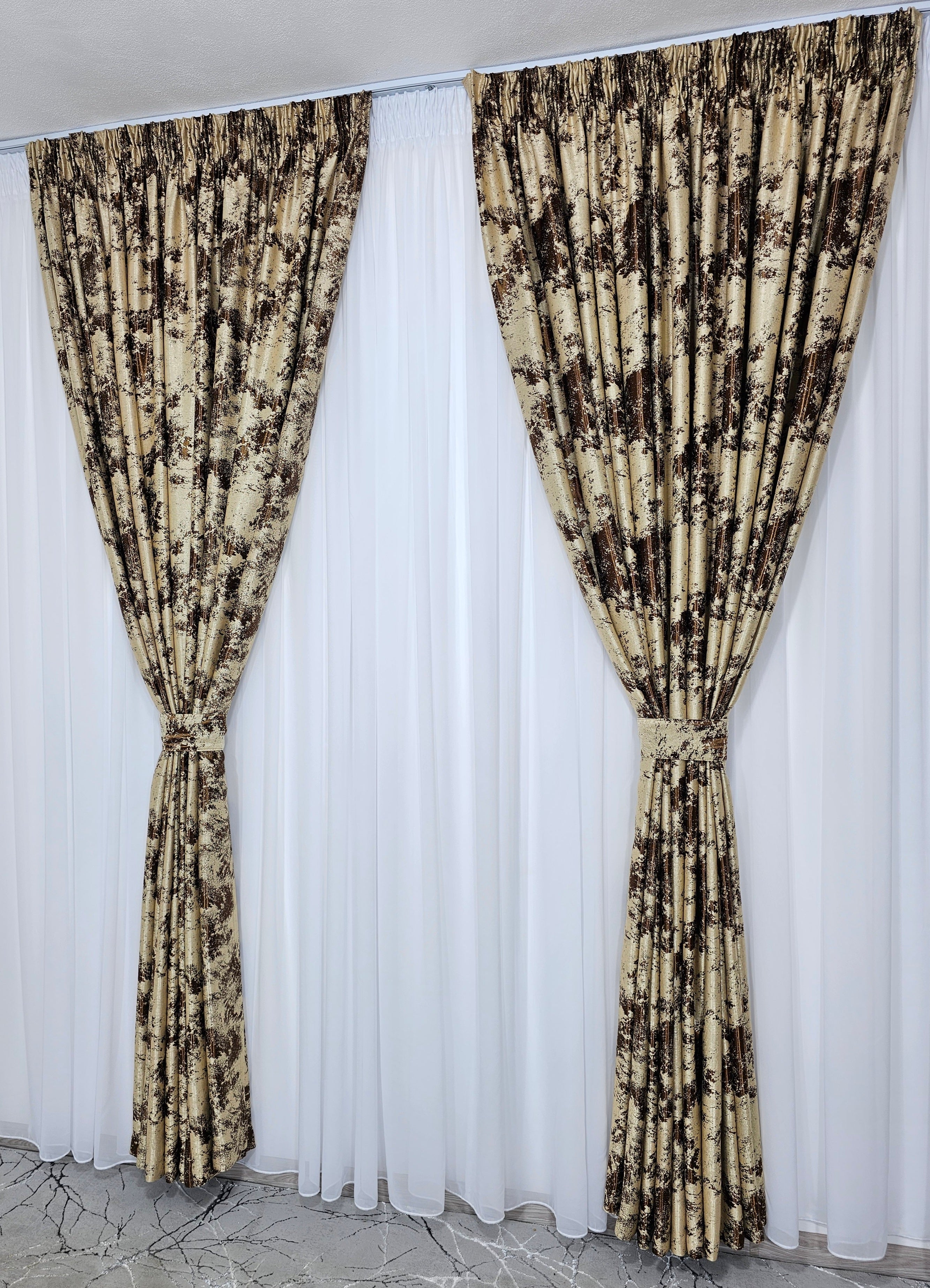 Set Melon: perdea alba voal moale premium cu draperie crem maro blackout 90% model travertin
