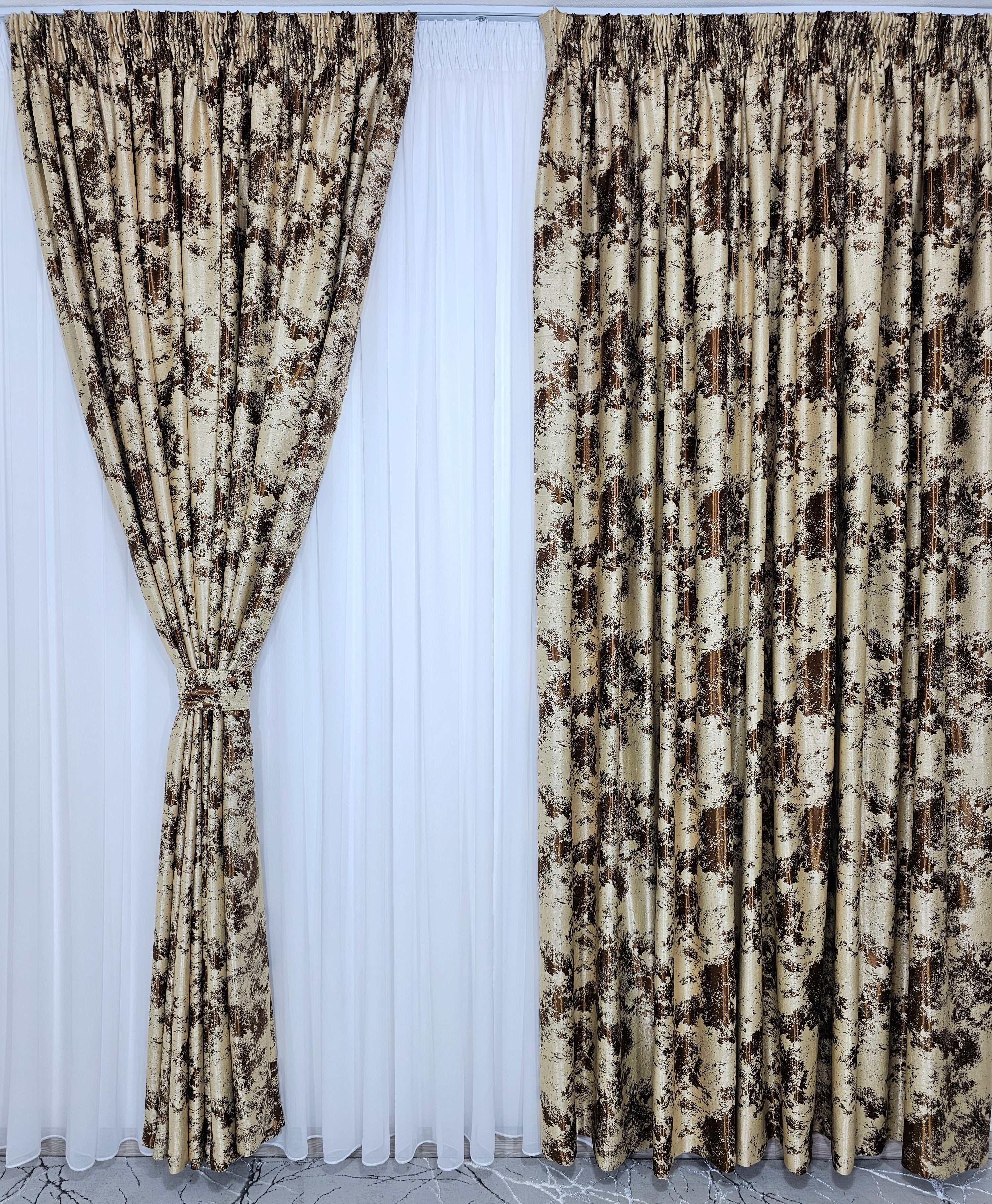 Set Melon: perdea alba voal moale premium cu draperie crem maro blackout 90% model travertin