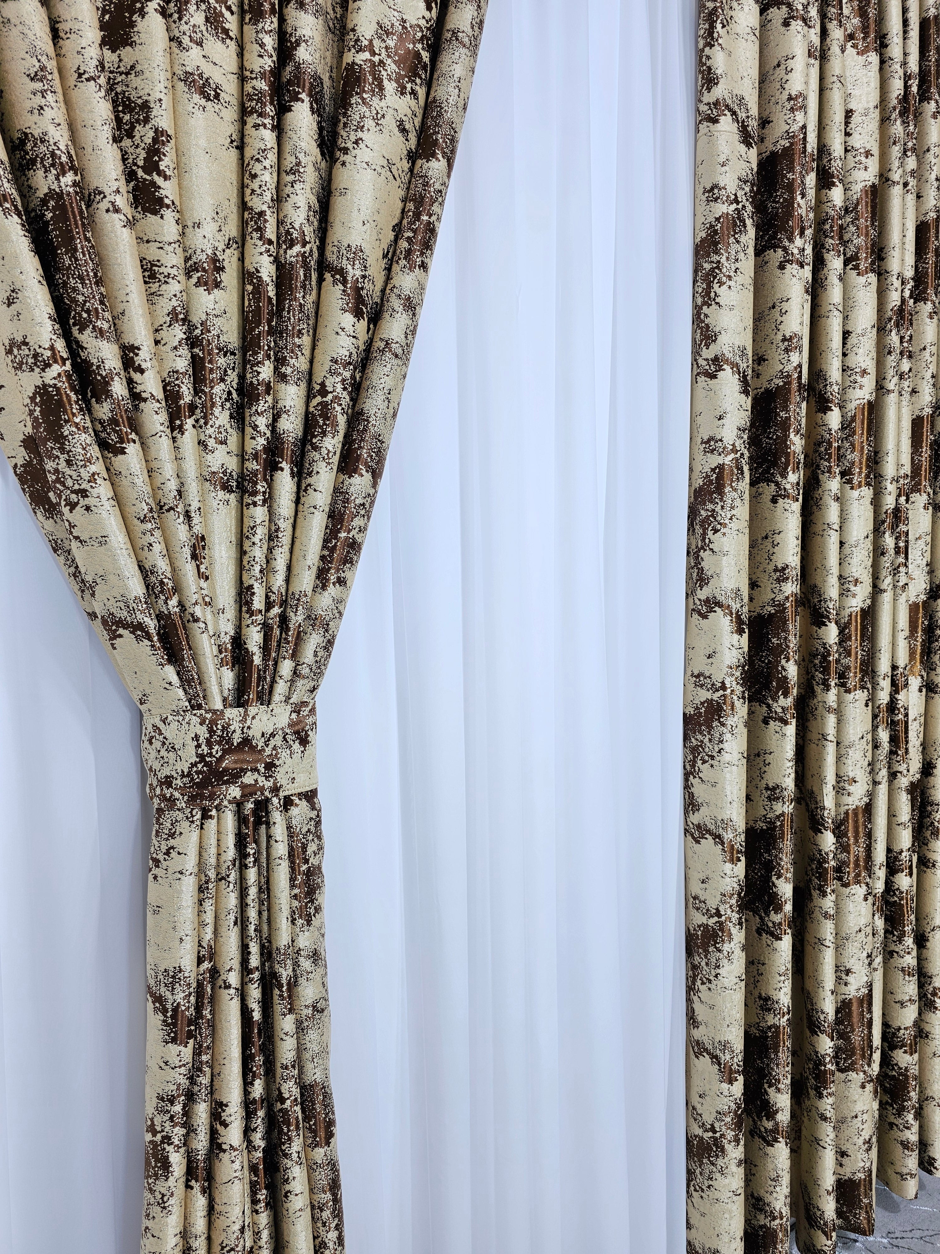 Set Melon: perdea alba voal moale premium cu draperie crem maro blackout 90% model travertin