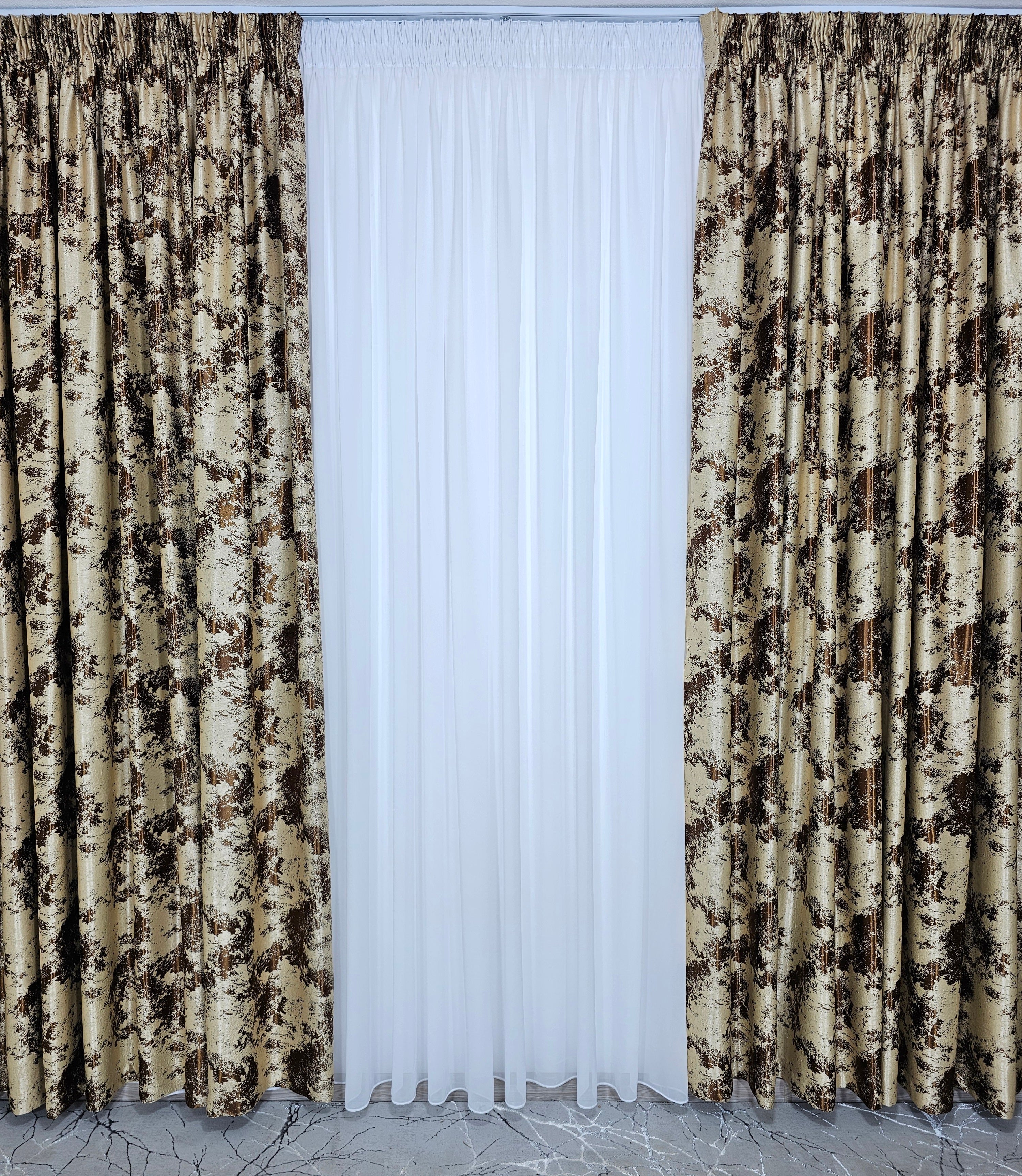 Set Melon: perdea alba voal moale premium cu draperie crem maro blackout 90% model travertin
