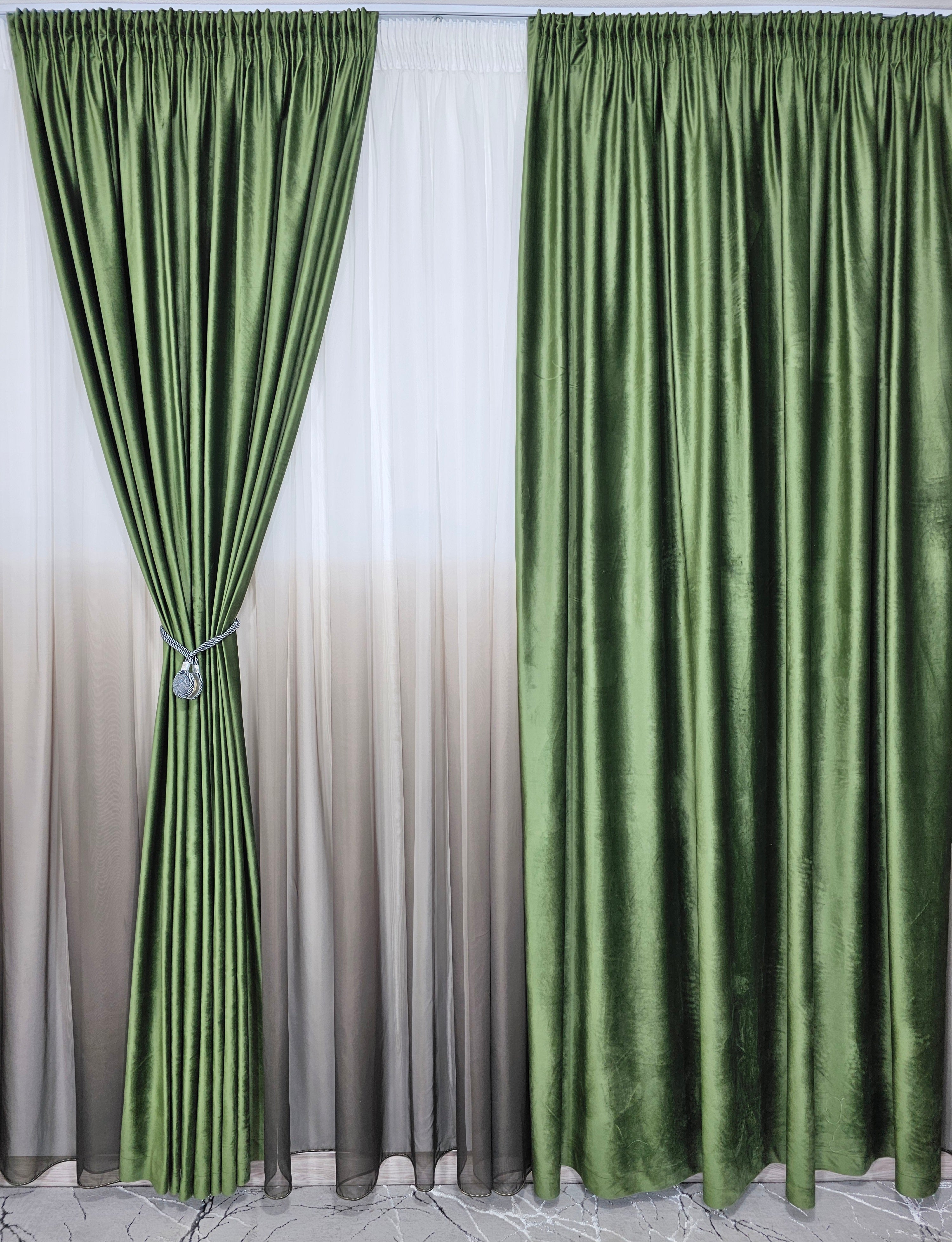 Set Alexandru: perdea din voal degrade kaki si draperie catifea verde olive
