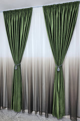 Set Fiona: perdea din voal degrade verde kaki si draperie catifea verde olive