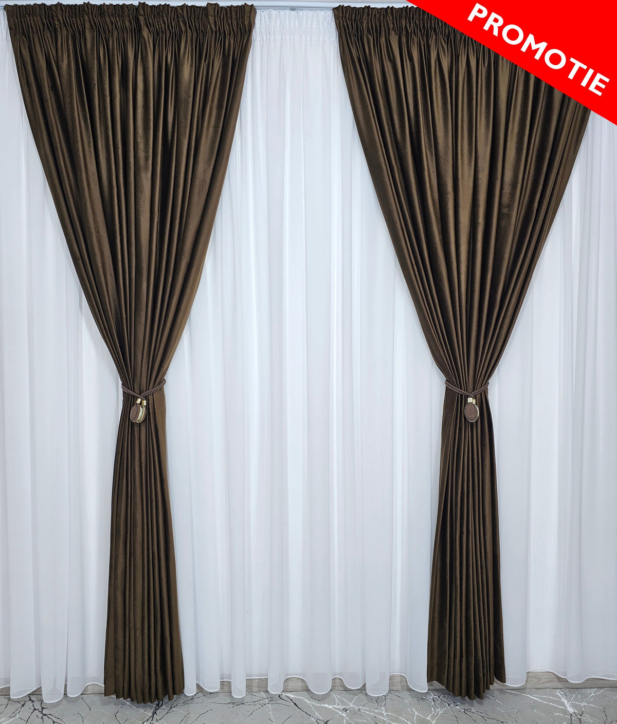 Set Miruna: perdea din jorjet alb si draperie din catifea maro