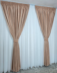 Set pentru Livinguri Moderne in Nuante de Crem, Roz Pudrat si Alb - Set Izabela cu Perdea din Voal Alb si Draperie din Catifea Crem Roze - Confectionat pe Comanda