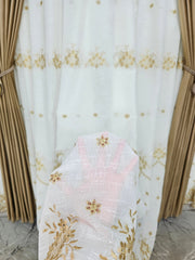 Set Reina: perdea ivoire din in gros cu broderie capucino si draperie din catifea caramel