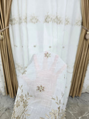 Set Amanda: perdea ivoire din in gros cu broderie bej si draperie din catifea caramel