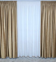 Set Timeea: Perdea Alba din In Gros cu Broderie si Draperie Catifea Caramel Blackout 80-95% pentru Living si Dormitor Moderne in Nuante de Alb sau Crem, Confectionat la Comanda Casablanca Magazin