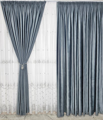 Set Samira: perdea alba din in gros cu broderie gri si draperie din catifea gri antracit