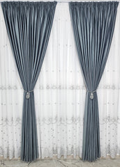 Set Samira: perdea alba din in gros cu broderie gri si draperie din catifea gri antracit