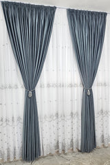 Set Samira: perdea alba din in gros cu broderie gri si draperie din catifea gri antracit