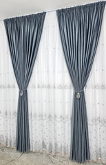 Set Samira: perdea alba din in gros cu broderie gri si draperie din catifea gri antracit