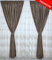 Set Anatolia: perdea din bamboo cu broderie bej si draperie din catifea maro