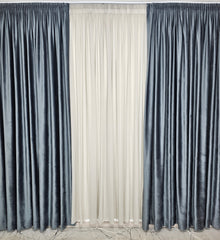 Set Amina – Perdea Gri din Jorjet si Draperie Catifea Gri Inchis – ideal pentru livinguri cu canapele gri, alb sau crem si mobilier alb, negru sau lemn natur – confectionat pe comanda
