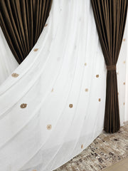 Set Diego: perdea crem din in cristal cu flori crem-maro si draperie catifea maro