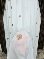 Set Diego: perdea crem din in cristal cu flori crem-maro si draperie catifea maro