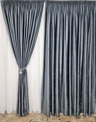Set Europa: perdea alba simpla din voal cu draperie catifea gri inchis blackout 90%