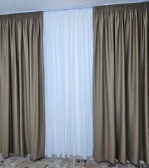 Set Horezu: perdea simpla ivoire din voal si draperie blackout 90% grej combinatie gri cu capucino