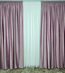 Set Montis: perdea alba simpla din voal cu draperie catifea roz lila blackout 90%