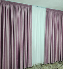 Set Montis: perdea alba simpla din voal cu draperie catifea roz lila blackout 90%