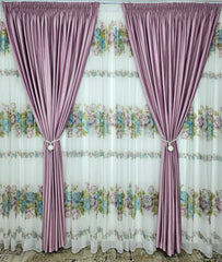 Set Bujor: perdea voal model floral combinatie roz cu verde olive si draperie din catifea catifea roz lila blackout 90%