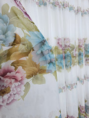 Perdea Bujor din voal model floral combinatie roz cu verde olive