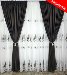 Set Camila: perdea din in cu flori maro si draperie din catifea maro inchis