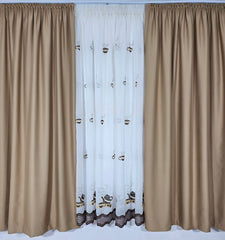 Set Ceainic: perdea alba cu cescute crem maro si draperie blackout 80% capucino
