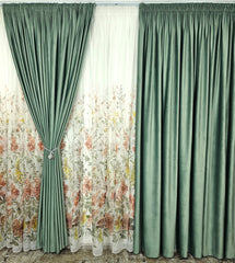 Set Leonard: perdea din voal model floral si draperie catifea 90% blackout verde menta
