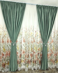 Set Leonard: perdea din voal model floral si draperie catifea 90% blackout verde menta