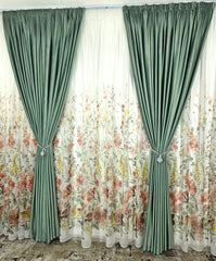 Set Leonard: perdea din voal model floral si draperie catifea 90% blackout verde menta
