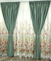 Set Leonard: perdea din voal model floral si draperie catifea 90% blackout verde menta