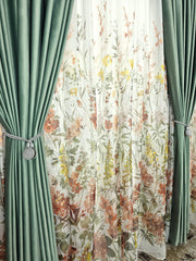 Set Leonard: perdea din voal model floral si draperie catifea 90% blackout verde menta