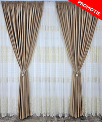 Set Solenne: perdea din tul cu broderie crem si draperie din catifea culoarea mierii