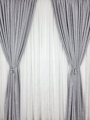 Set Bega: perdea alba din matase cu insertii gri si draperie gri nisip tip vopsea decorativa