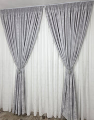 Set Bravo: perdea alba din matase cu insertii gri si draperie gri tip vopsea decorativa
