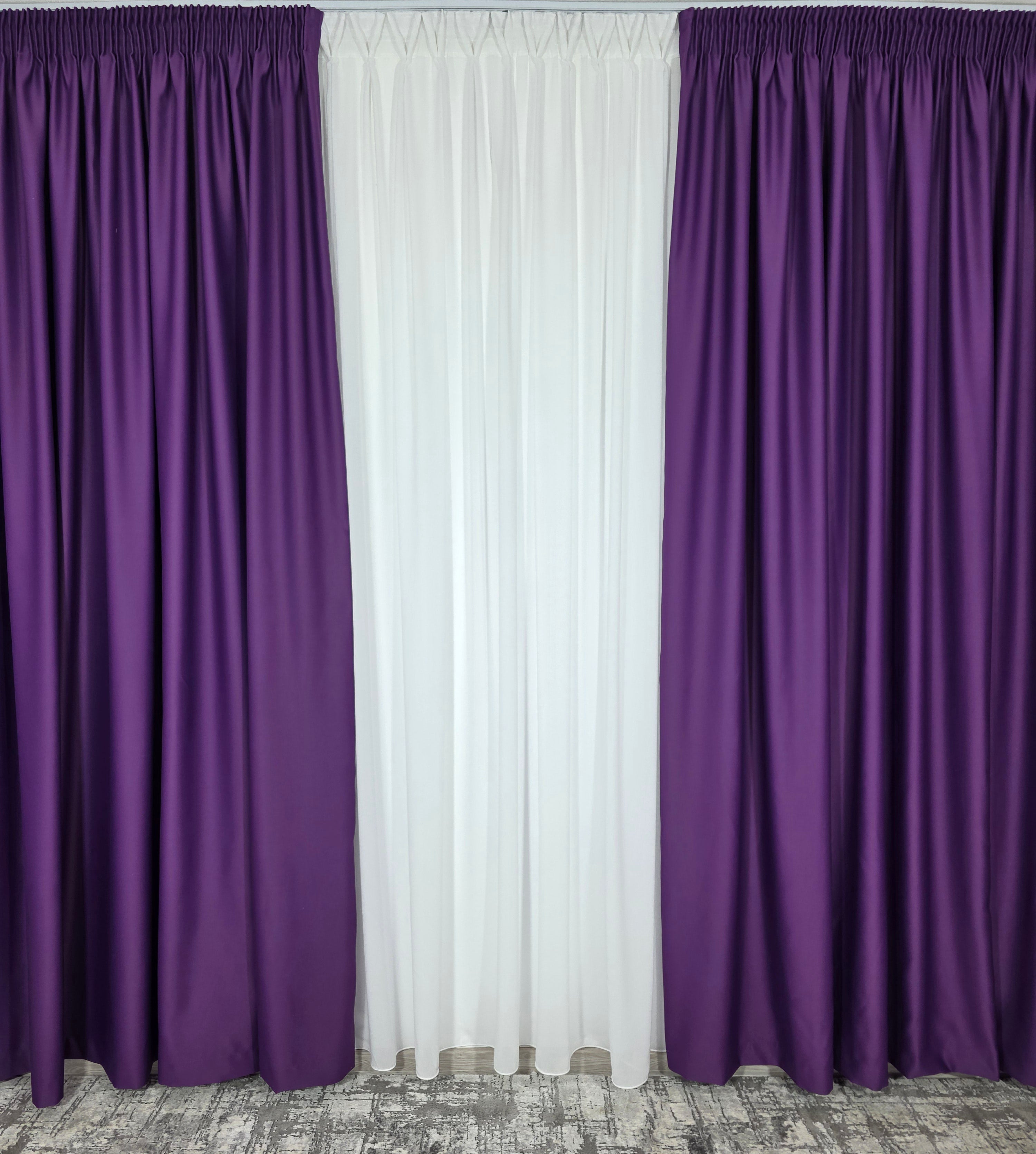 Colectia Blackout: Perdea Matase Alba Si Draperie Mov Blackout 98%