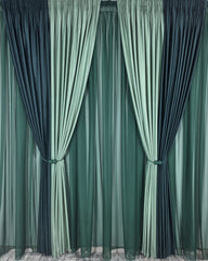 Colectia velvet duo: perdea voal verde Smarald si draperie catifea in doua culori verde Menta cu verde onix
